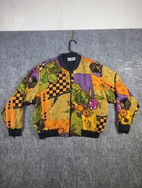 Vintage 90s RIDE Rayon Bomber Jacket L Abstract Floral Color Block Print VTG